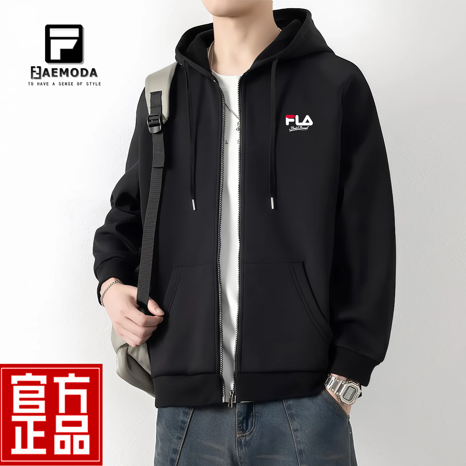 FEAE官方品牌卫衣男2025春秋重磅刺绣开衫外套男连帽上衣休闲宽松男装 奢华黑&amp;春秋款 -官方正品 L 码【建议115-130斤】-开衫