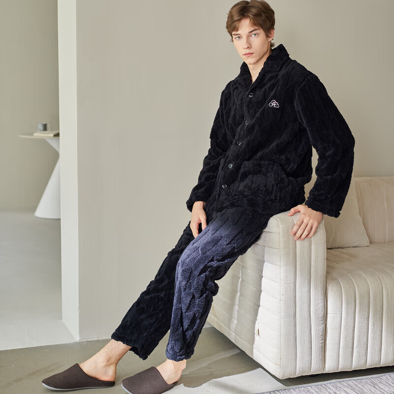 芬腾珊瑚绒睡衣男女士秋冬季套装保暖法兰绒加绒加厚休闲家居服冬天 FJ26940691深灰 【单男款】 L 建议:女110-124斤,男126-146斤