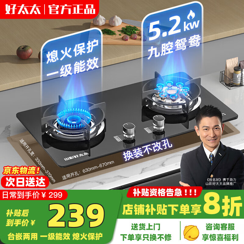 山彩好太太燃气灶天然气液化气灶煤气灶家用猛火5.2kw双灶一级能效节能省气灶具增压直喷台嵌两用厨房免开孔 上门安装【鸳鸯九腔猛火】防风聚能+防爆玻璃 管道天然气12T