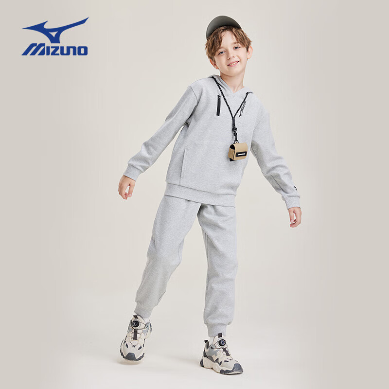 美津浓(MIZUNO)春秋新款男童长袖卫衣卫裤套装中大童连帽衫潮流户外运动 花灰色 120 cm