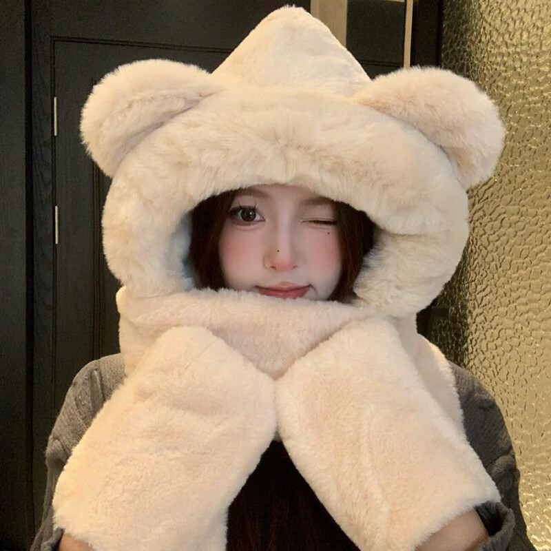 清洁ZC 米色帽子 围巾手套一体帽