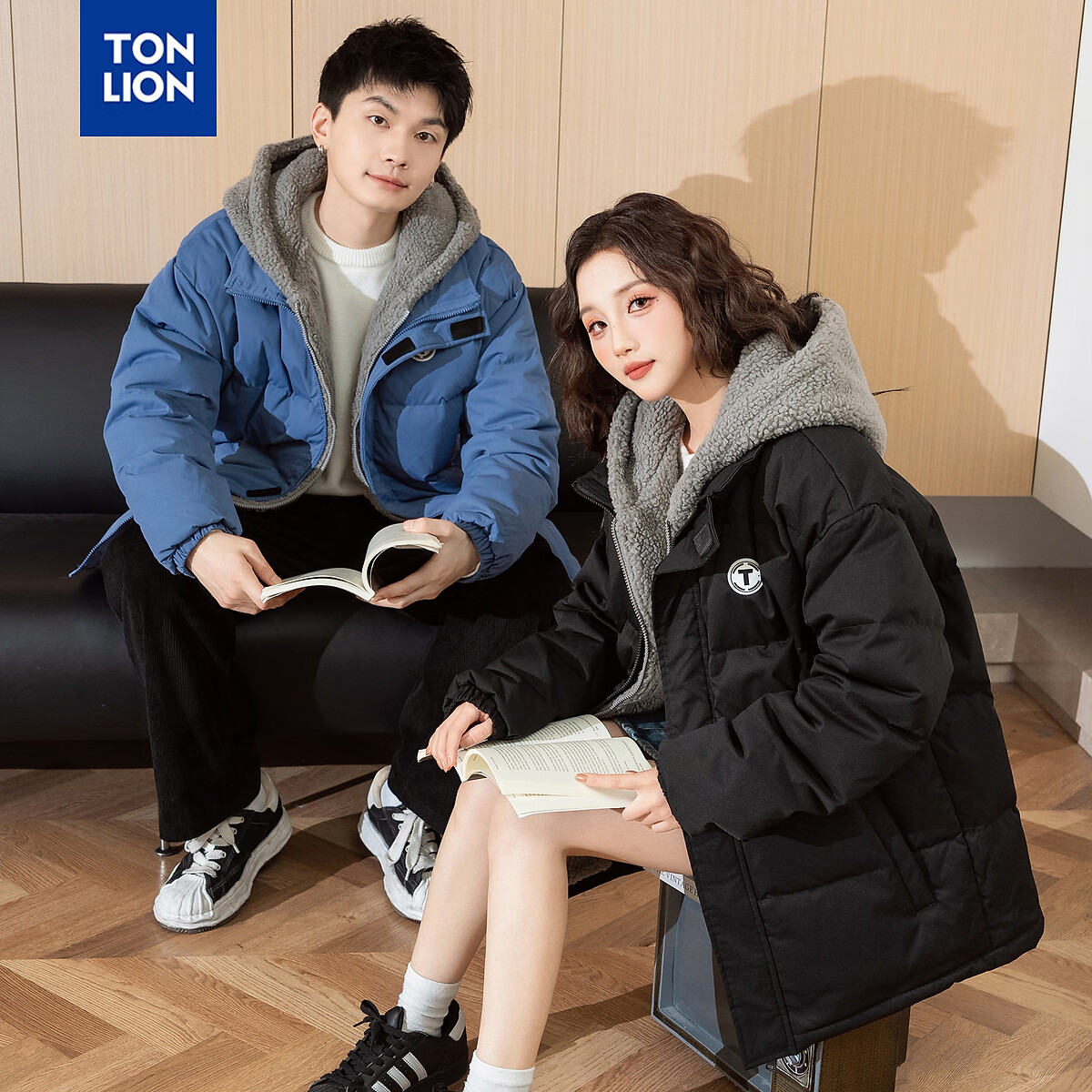 唐狮（TonLion）情侣小标拼接仿羊羔绒短款连帽羽绒服 雾蓝 L