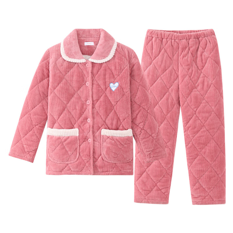 香蜜闺秀【三层夹棉加厚】暖冬可外穿长袖开衫女士家居服棉服保暖睡衣套装 粉红 2XL