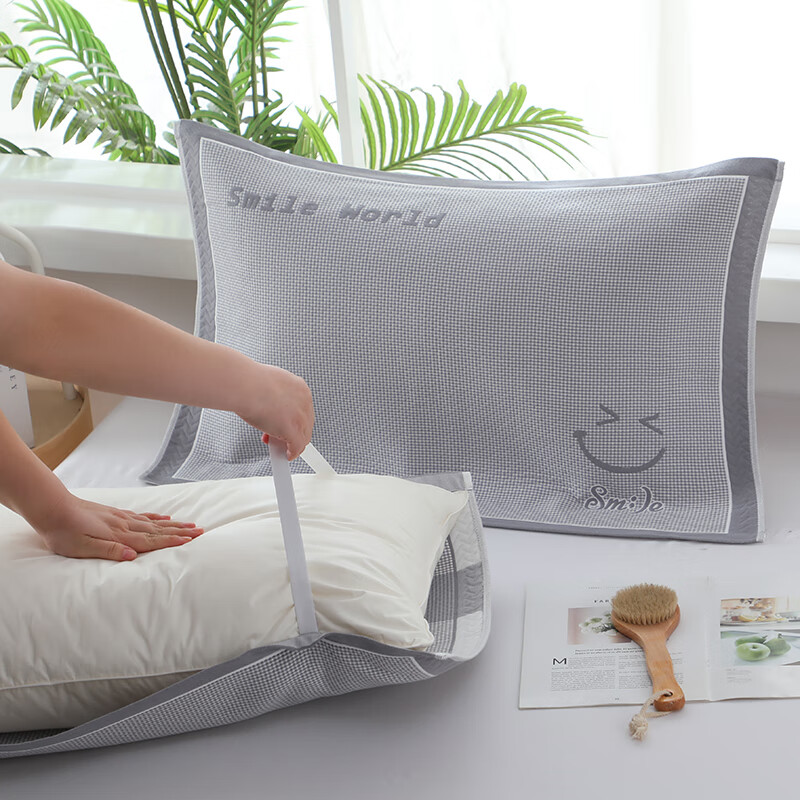 蜜乐暖A类100%纯棉枕巾7A抗菌防螨枕头巾男士防油防汗全棉防脱落枕头套 乐-灰 【新疆长绒棉 双绑带防脱落】 【加厚加大】53x80cm【单只装】