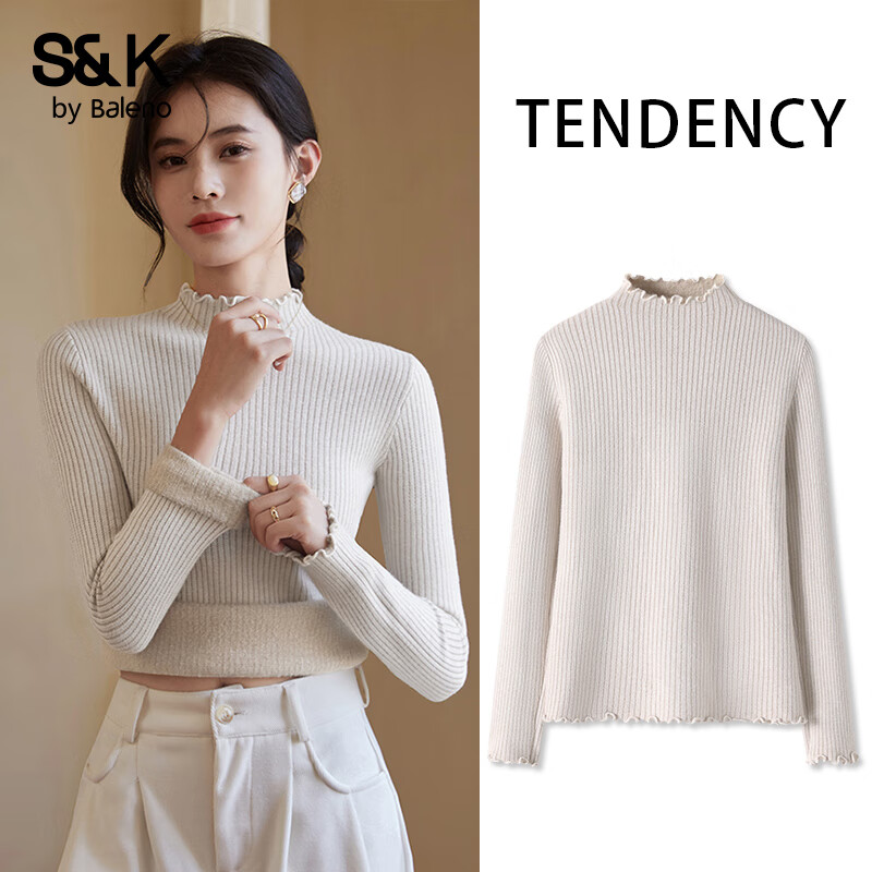 班尼路（Baleno）S&amp;K系列毛衣女装加厚保暖半高领针织衫内搭秋装新款木耳边上衣服 燕麦#纯色 【木耳边一体绒毛衫】 L