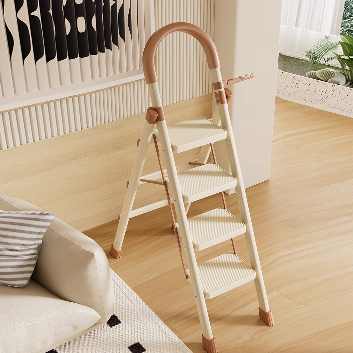 衣炫梯子家用伸缩折叠梯加厚小型轻便便携家庭室内人字梯多功能乔迁梯 【百搭奶油白】三步带扶手梯