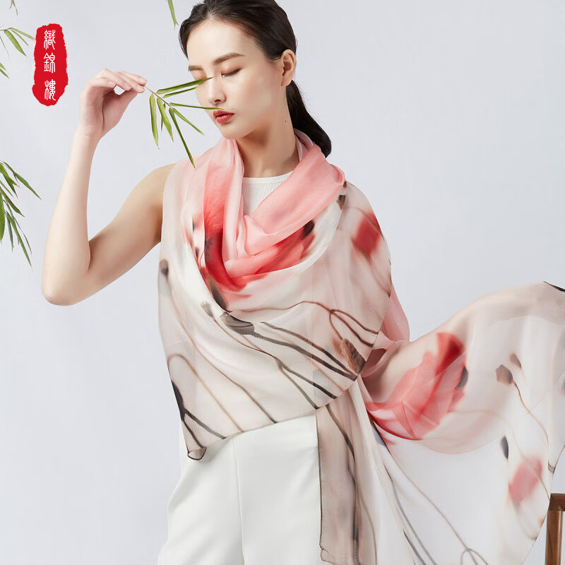 織錦樓秋冬新款長(zhǎng)款絲巾女薄款裝飾圍巾外搭紗巾圍脖禮盒裝 淡雅緋紅