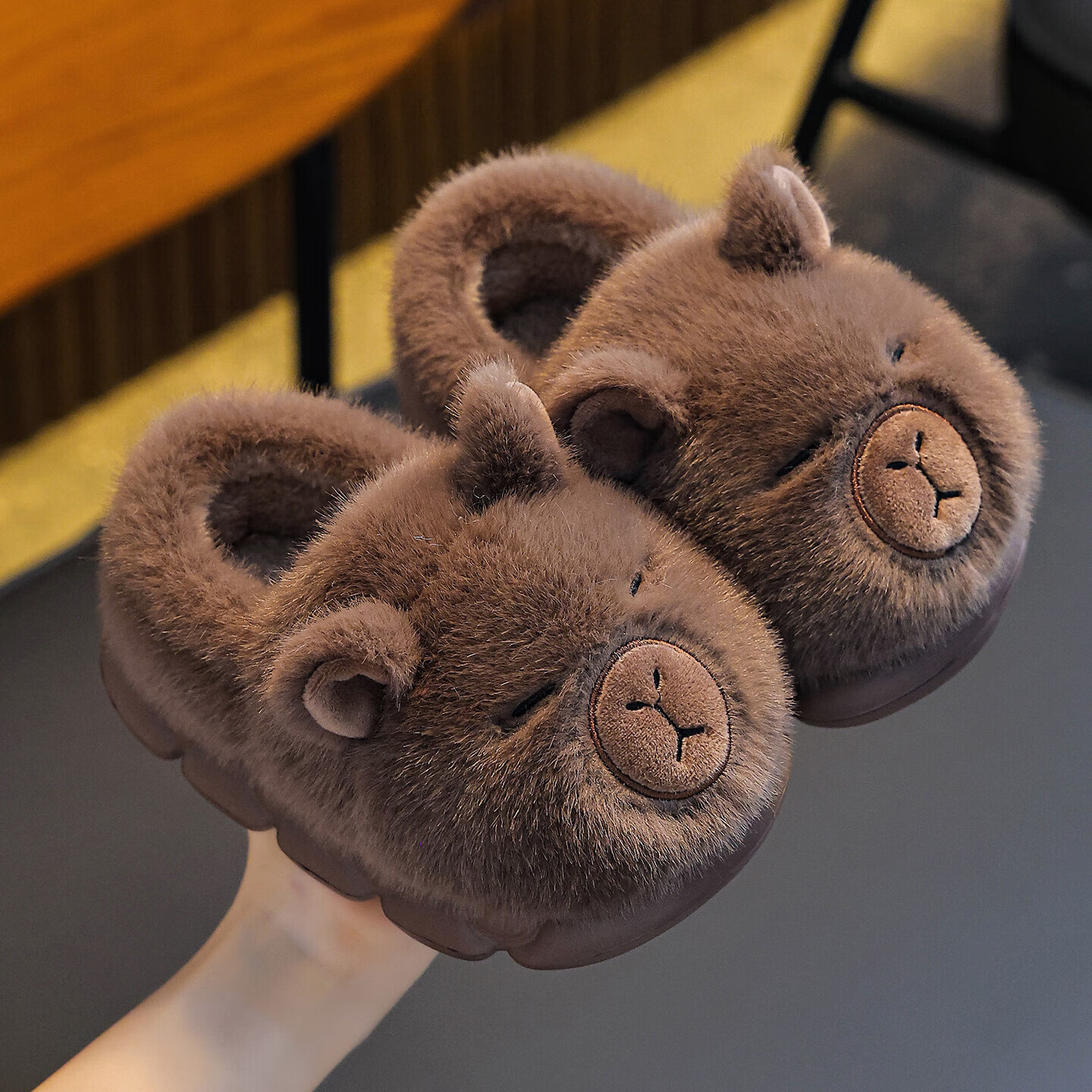 FZT卡皮巴拉儿童棉拖鞋女款2025冬季室内居家加绒保暖包跟外穿棉鞋男 深咖 24-25 【内长160mm】