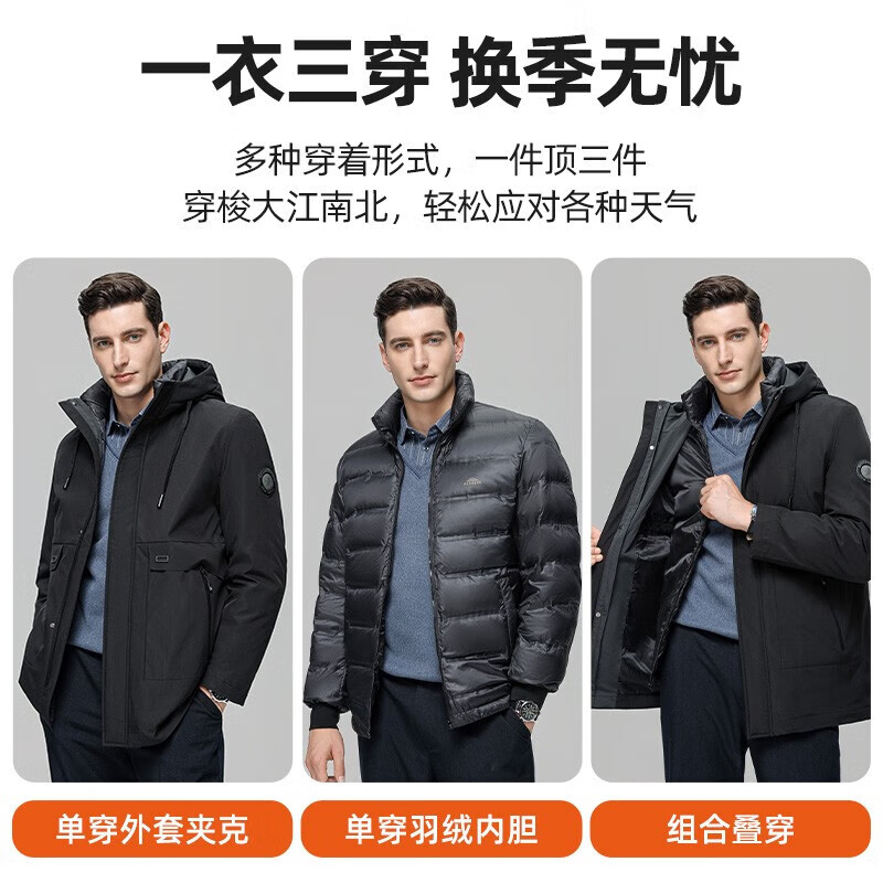 罗蒙活里活面中长款连帽羽绒服男士冬季中老年可脱卸内胆加厚爸爸装 黑色 M 170 尺码偏小（适合80-110斤）