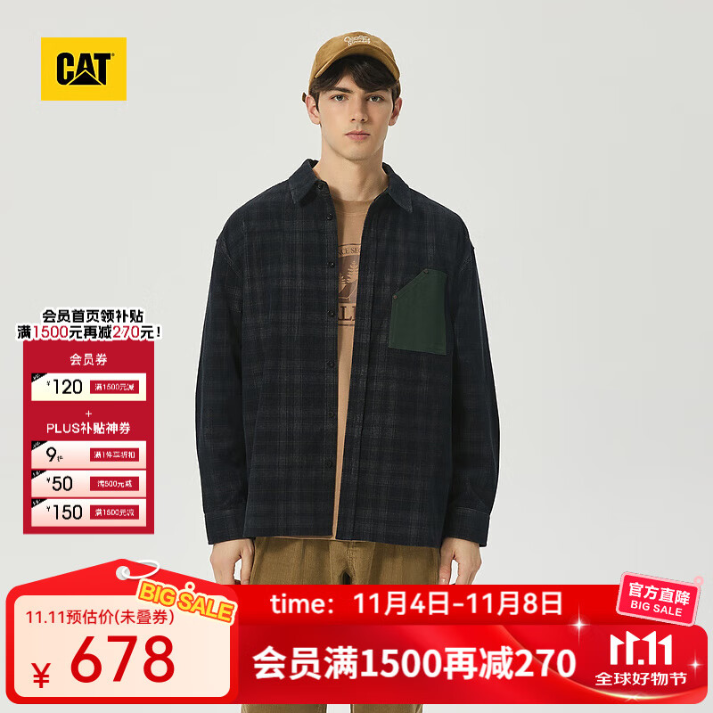 CAT卡特新品男士复古格纹宽松舒适工装外套式衬衫轻户外 深灰色 L