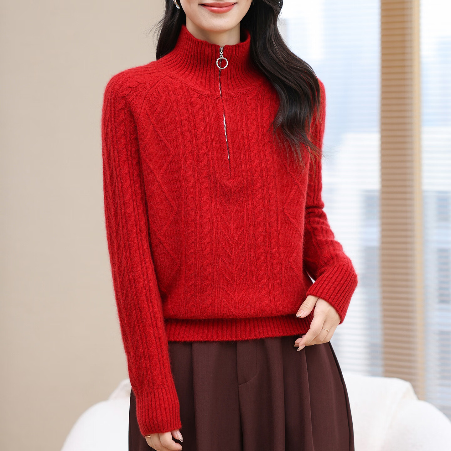 珍貝正品100%山羊絨衫女士拉鏈半高領(lǐng)羊毛衫加厚保暖冬季新款百搭毛衣 紅色 M