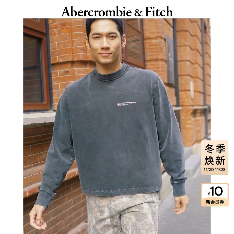 Abercrombie &amp; Fitch男装24春夏款美式复古做旧LOGO宽松圆领长袖T恤123-4080 黑灰色 S (175/92A)