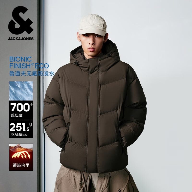 杰克·琼斯（JACK&amp;JONES）男装25年冬季连帽严寒羽绒服男短款防水宽松蓄热鸭绒外套RDS认证 E04橄榄黑 M （175）