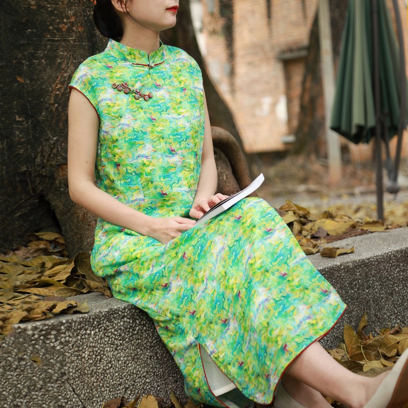 乱在江南棉麻民国风立领盘扣改良旗袍裙气质修身女装 绿色 s