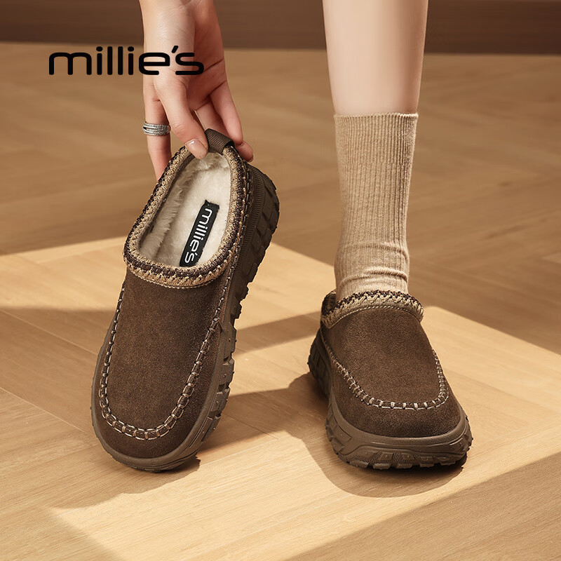 妙丽（Millies）勃肯鞋女厚底加绒复古时尚一脚蹬2025冬季新款百搭包头半拖鞋 咖色 36 (230mm) 标准码