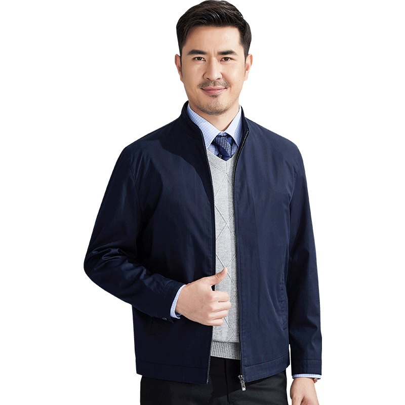 紅都男士棉料夾克中年爸爸裝春秋上班商務(wù)職業(yè)休閑工裝茄克男外套 藍(lán)色立領(lǐng)JK5211-1 4XL (195/108A)