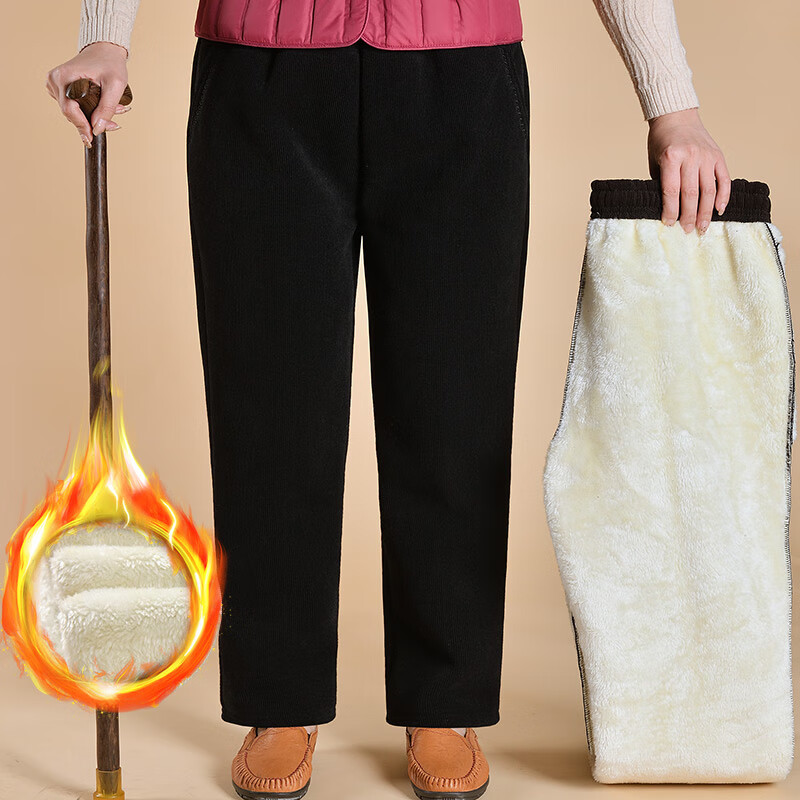 老年人加绒裤子妈妈灯芯绒棉裤冬季外穿老年女裤冬季老太太奶奶裤 黑色-加绒冬款 4XL  推|荐135-150斤