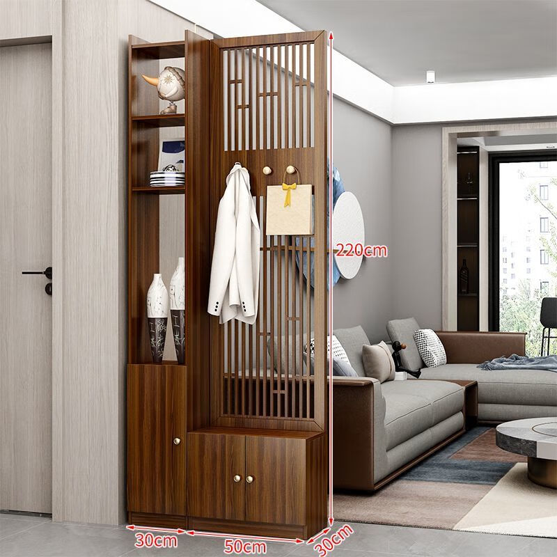 迈途森新中式屏风隔断柜客厅现代简约进门入户间厅装饰实木轻奢玄关柜子 鞋柜一体格栅挂钩款【送货进门】 格栅挂钩地柜坐凳款 高220宽80