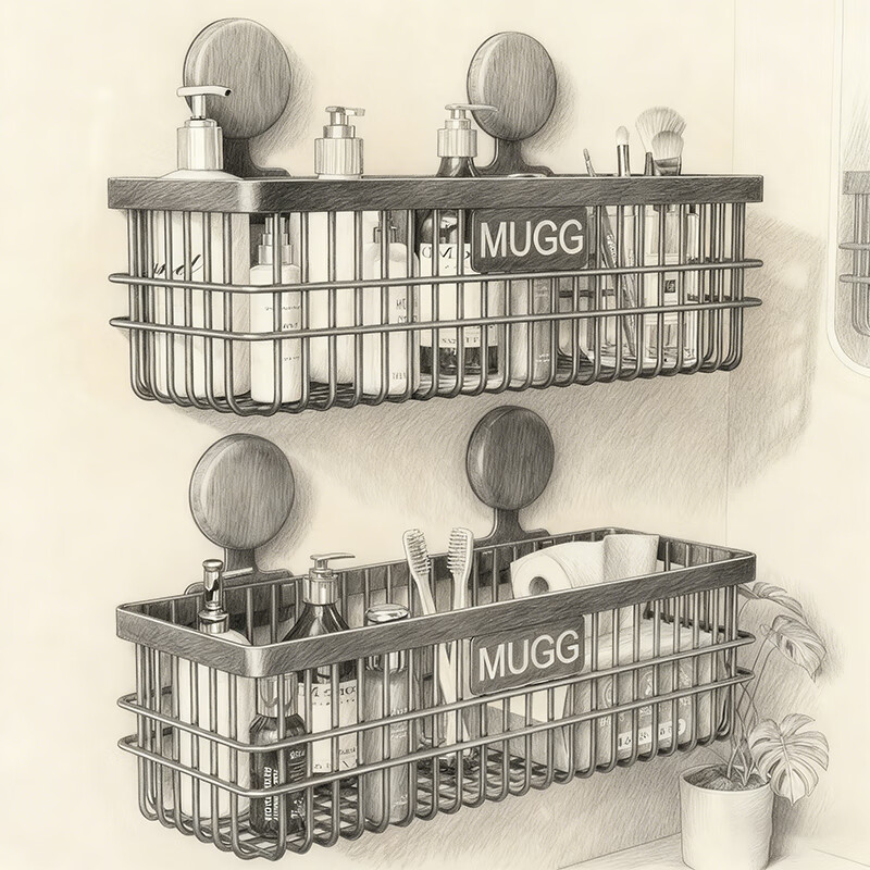 尔思家卫生间置物架洗手台免打孔壁挂式收纳沥水架子浴室墙上吸盘收纳篮 黑色大号