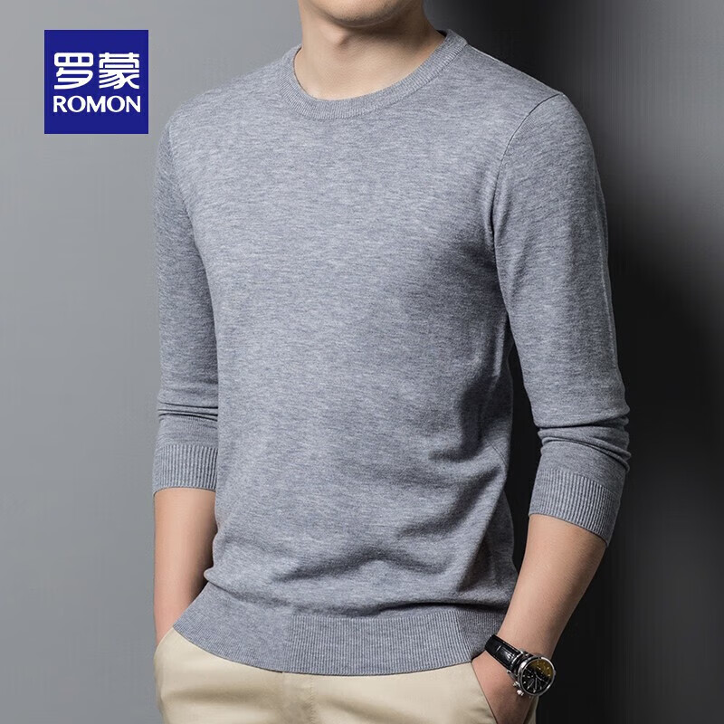 罗蒙男士圆领针织衫秋冬新款简约保暖时尚休闲毛衣打底衫 灰色 3XL 190