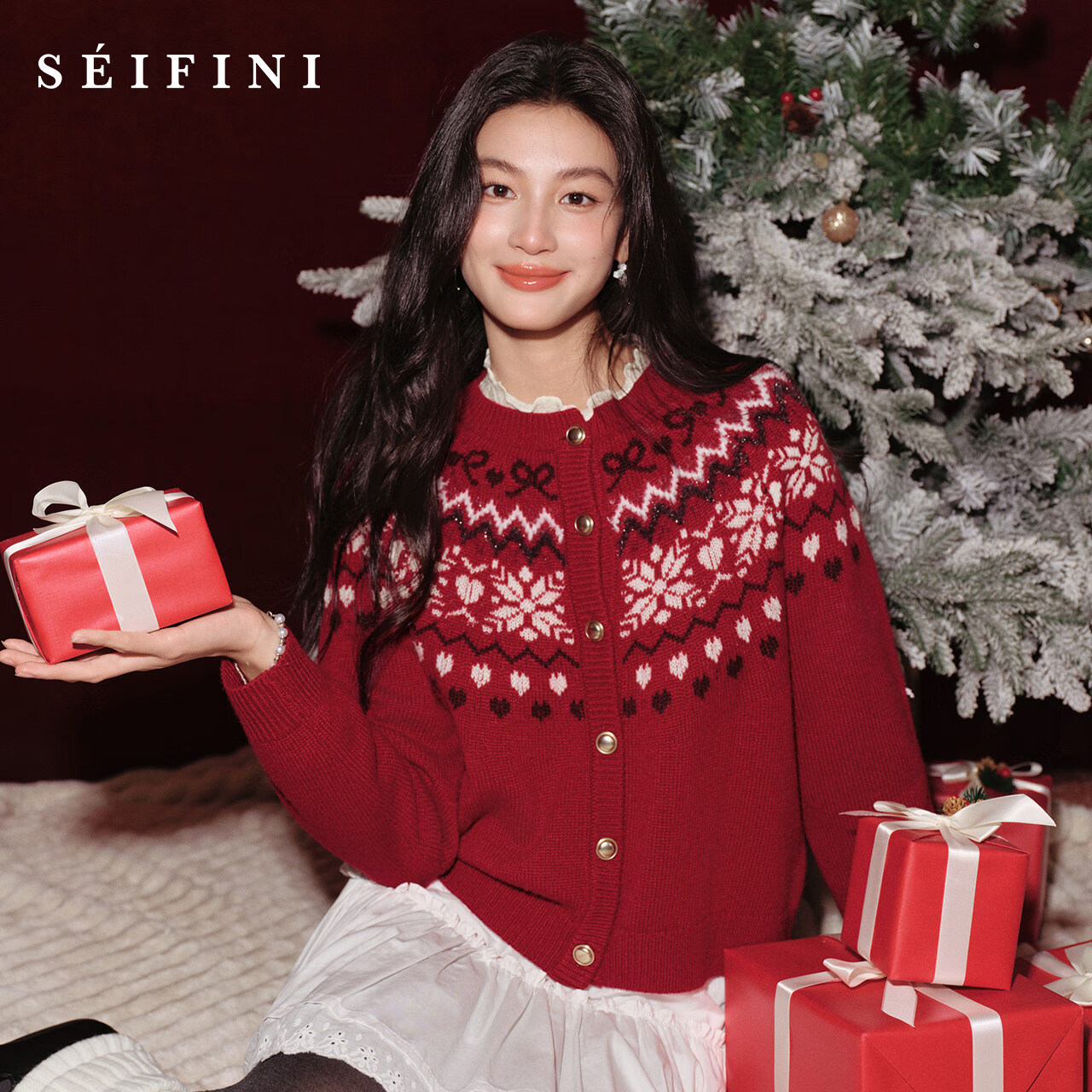 诗凡黎（‘S EIFINI）经典费尔岛亮丝针织开衫2025冬新款慵懒软糯显白质感骐骥红毛衣女 【100%绵羊毛】红色 S