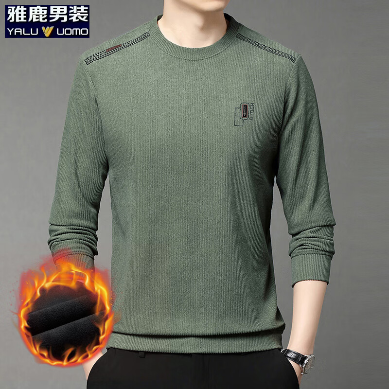 雅鹿男装加绒长袖t恤男冬季新款华夫格韩版保暖圆领休闲体恤衫男士上衣 绿色加绒 M (165)(建议100-120斤)