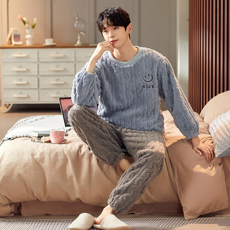 雅鹿男士睡衣秋冬季加绒加厚情侣款可外穿保暖防寒男女家居服套装 浅蓝灰（男款） 2XL