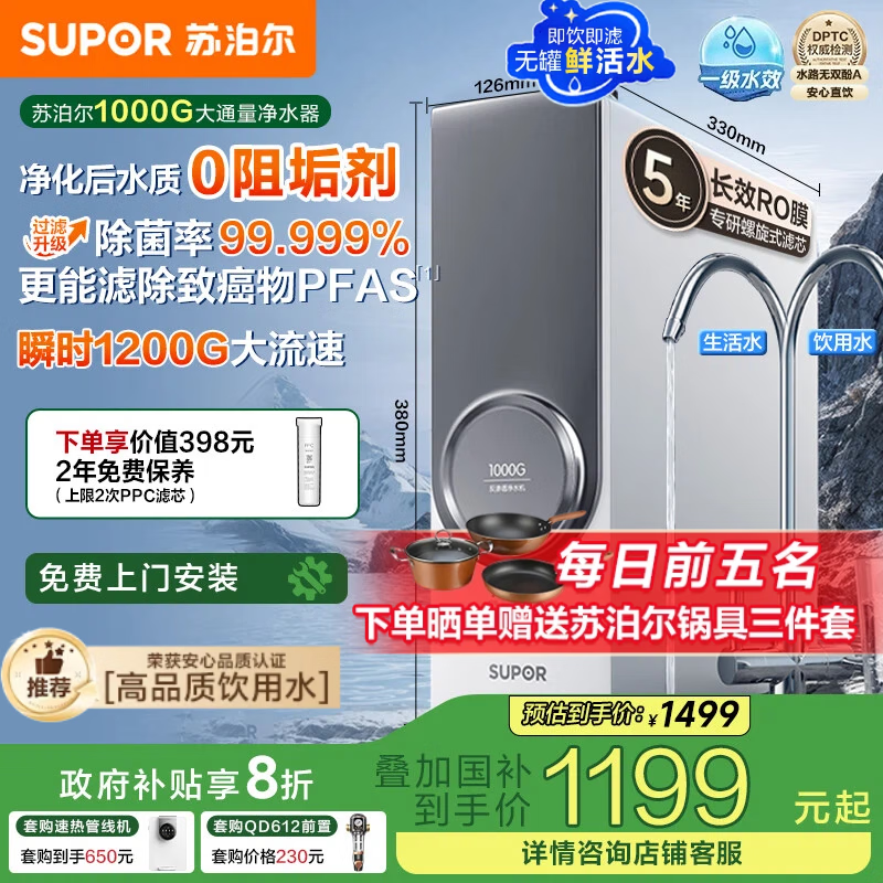 苏泊尔（SUPOR）净水器1000G家用厨房净水机厨下式过滤器5年反渗透RO机净饮机直饮机  净化水后【0阻垢剂】DR1