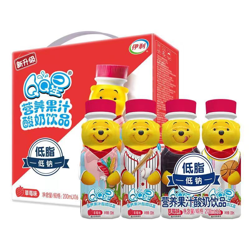 伊利QQ星果汁营养酸奶饮品草莓香蕉味儿童奶200ml16瓶小乳酸菌饮品用 9月产QQ星果汁酸奶草莓味