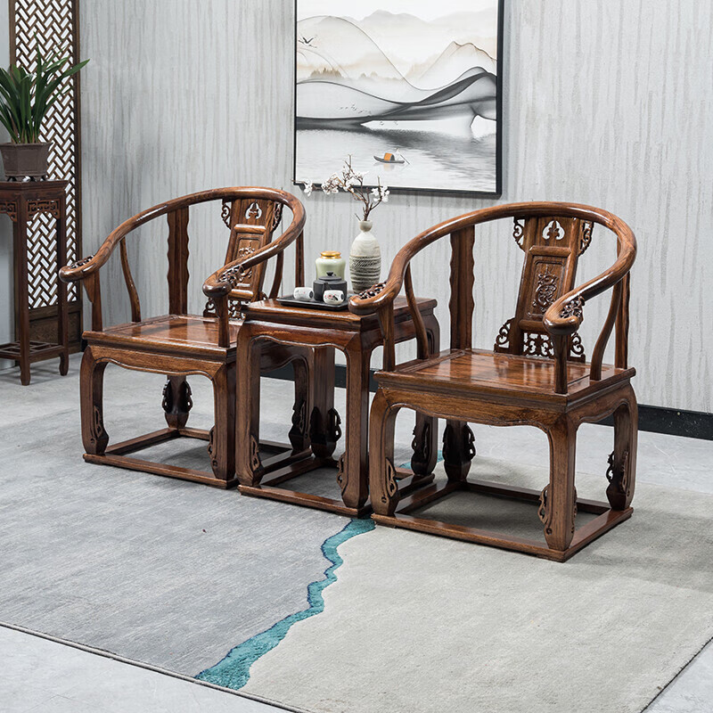 中式实木太师椅皇宫椅圈椅三件套茶几月牙椅仿古靠背椅官帽椅家用 太师椅三件套（加厚款）