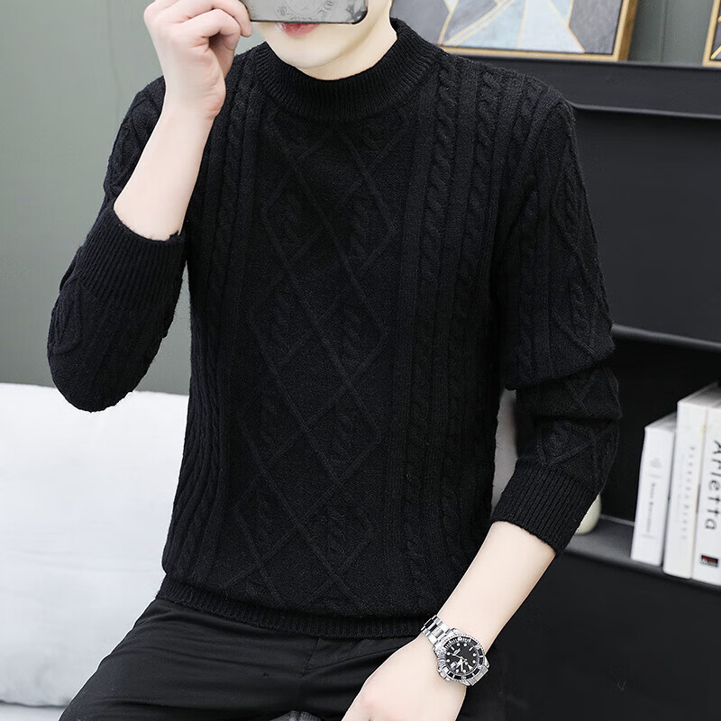月袖（YUEXIU）麻花套头毛衣男款圆领宽松潮牌秋春季复古线衣港风潮流纯色针织衫 黑色//质量好 M