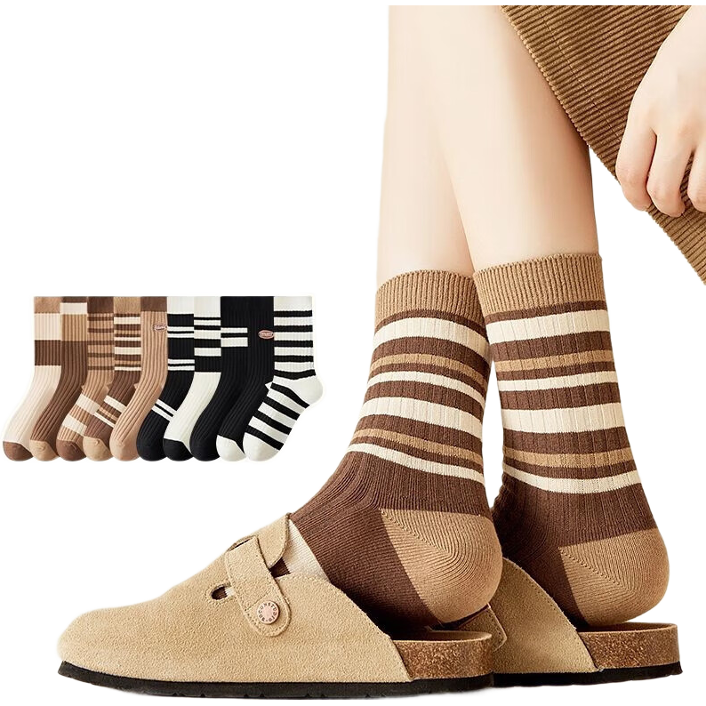 袜子女秋冬款美拉德中筒堆堆袜条纹防臭吸汗秋季袜子长筒袜勃肯鞋 美拉德色系【1双】新人专享 均码
