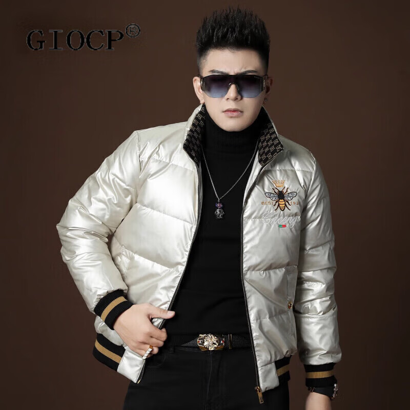 GIOCP潮牌欧洲站新款立领90白鸭绒羽绒服男士加厚保暖刺绣冬季外套男 白色 M