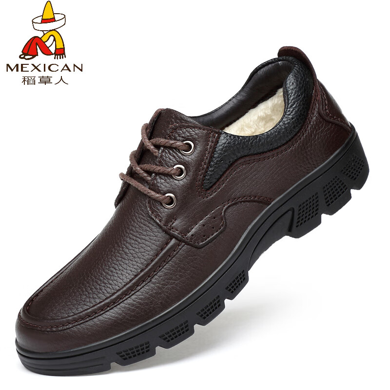 稻草人（MEXICAN）45加大码棉鞋46加绒47加肥48真皮特大号49冬季50黑色皮鞋男休闲 棕色加绒加厚 B款 47