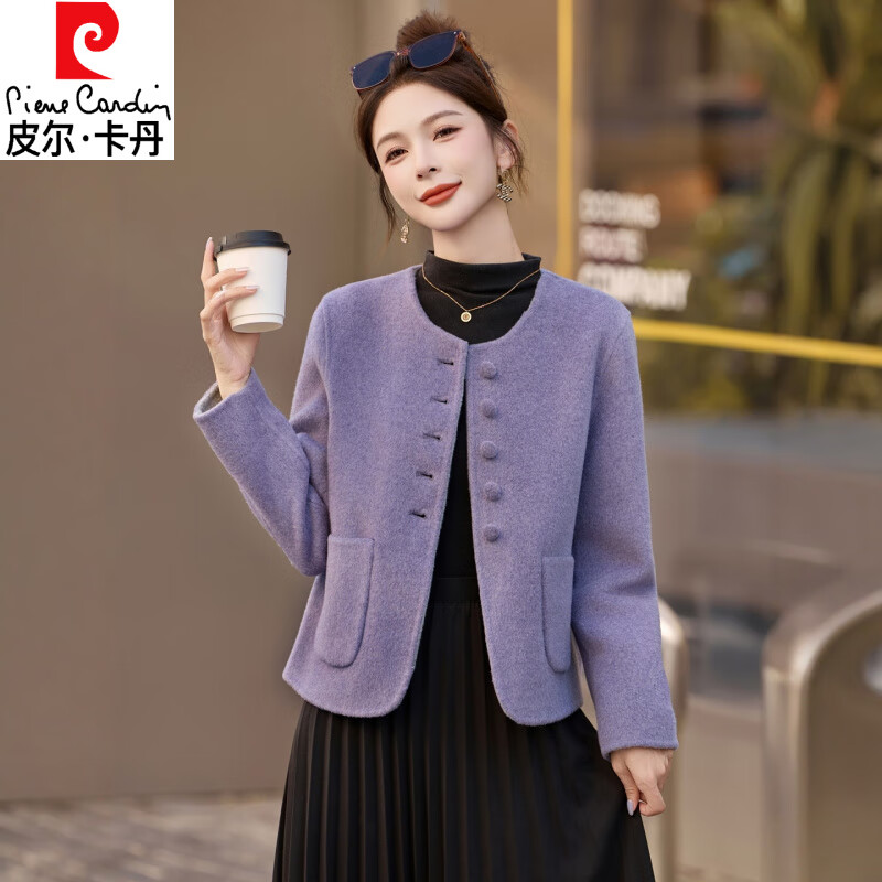 皮尔卡丹红色小香风短款毛呢外套女秋冬季高级感显瘦气质百搭双面羊毛大衣 紫色 2XL  建议（125-135斤）
