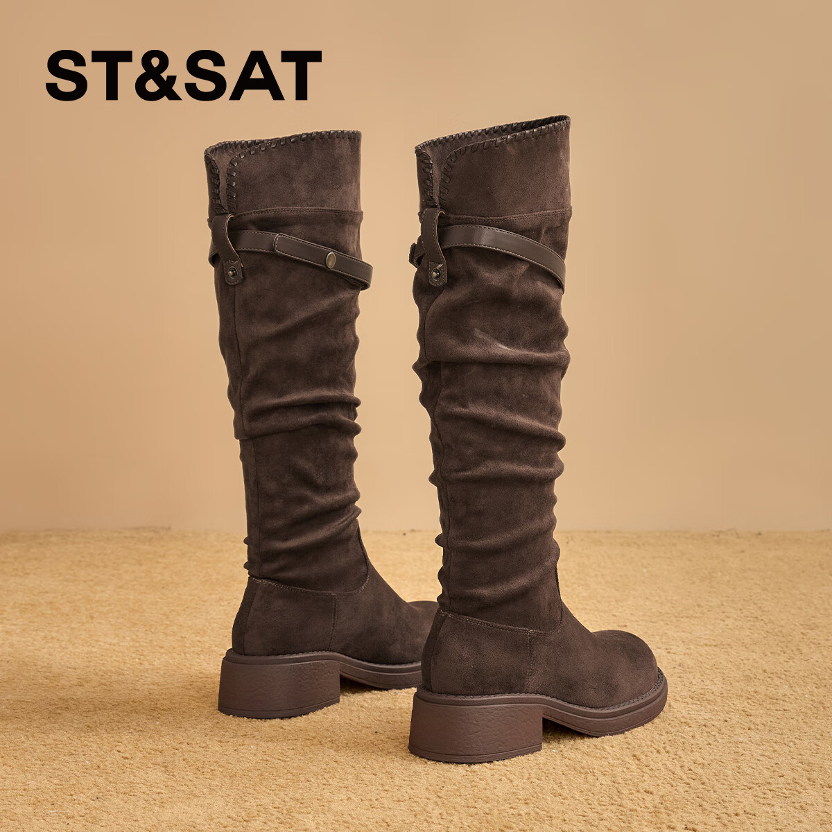 星期六长筒靴女2025新款秋冬美拉德牛仔堆堆靴厚底增高高筒骑士靴子女款 咖色 【厚底增高】 35