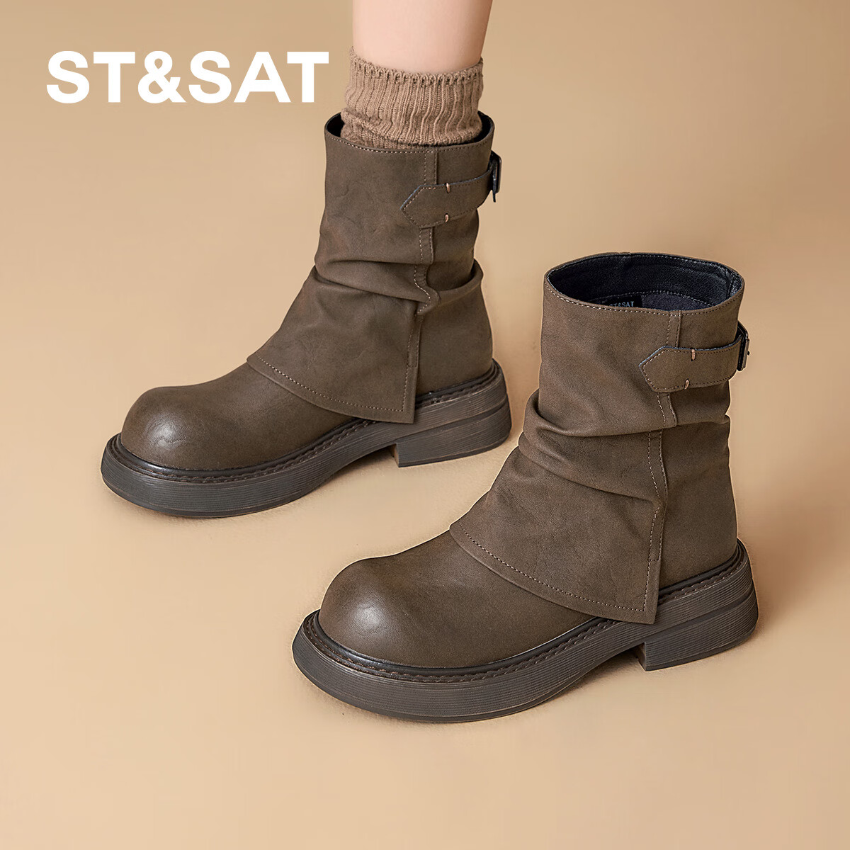 星期六厚底马丁靴女2025新款爆款秋冬美拉德裤管靴小短靴西部牛仔靴子女 卡其色 37