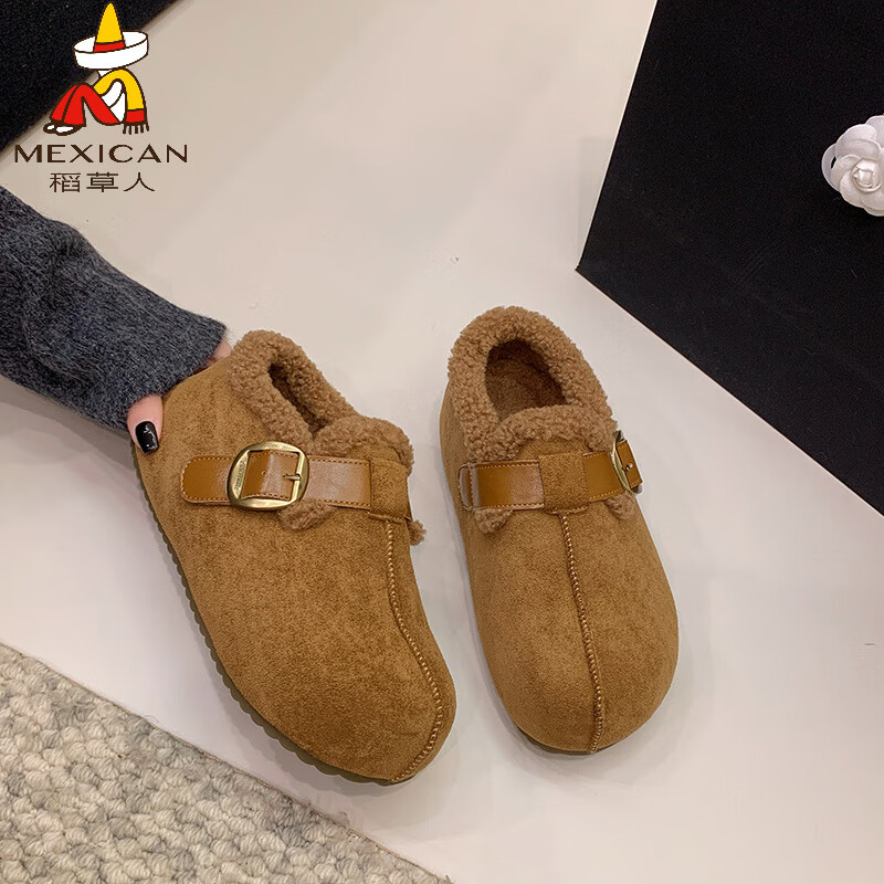 稻草人（MEXICAN）厚底内增高加绒保暖全包勃肯棉鞋女2026新款复古吐司一脚蹬毛毛鞋 驼色【专柜版】 35