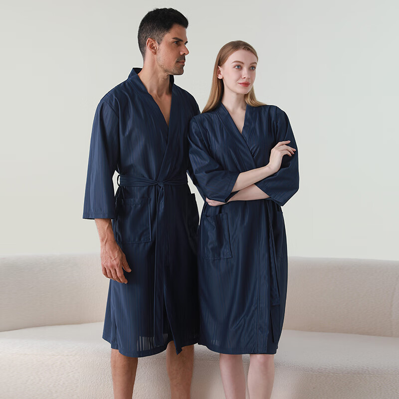 赛图蒙 情侣睡袍女春夏季凉感丝男士浴袍浴衣薄款睡衣家居服 2304藏青【男款】 M (150-160CM,80-125斤)