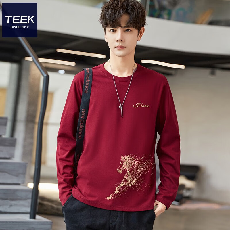 TEEK马年本命年衣服纯棉男士长袖T恤 2026新年国潮风骏马贺岁拜年上衣 HC2933酒红色 3XL
