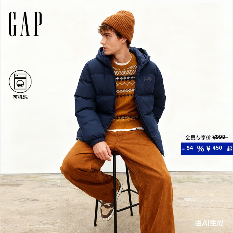 盖璞Gap男装2025秋季新款logo宽松连帽泡芙羽绒服百搭简约外套791896 海军蓝 L (175/96A)亚洲尺码 【偏大，建议拍小一码】