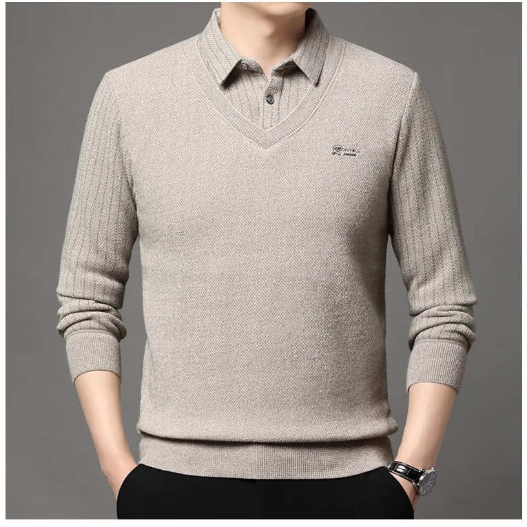 YOUNVFR男士假两件雪尼尔保暖T恤中年加绒加厚一体绒毛衣打底衫 灰色 XL