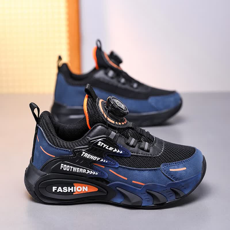 鸿星童男童运动鞋中大童跑步防臭儿童鞋秋冬季款加绒保暖皮面防水小男孩 1805深蓝【双网透气】 32