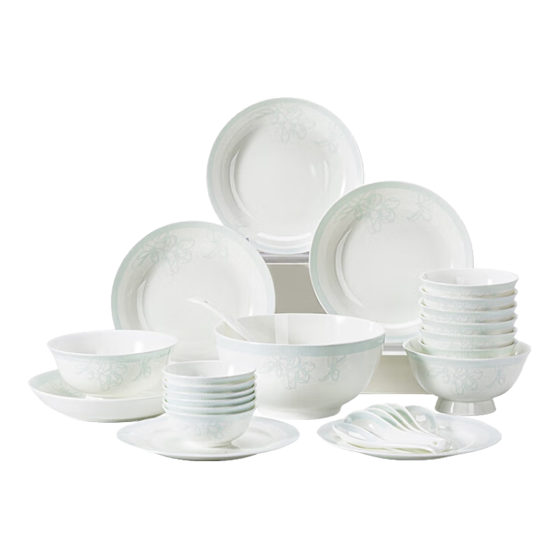 錦秋堂 景德鎮(zhèn) 60頭玉蘭花 骨瓷餐具碗碟套裝 中式家用陶瓷器釉下彩國潮 8人用|洗碗機(jī)可用|魚盤版