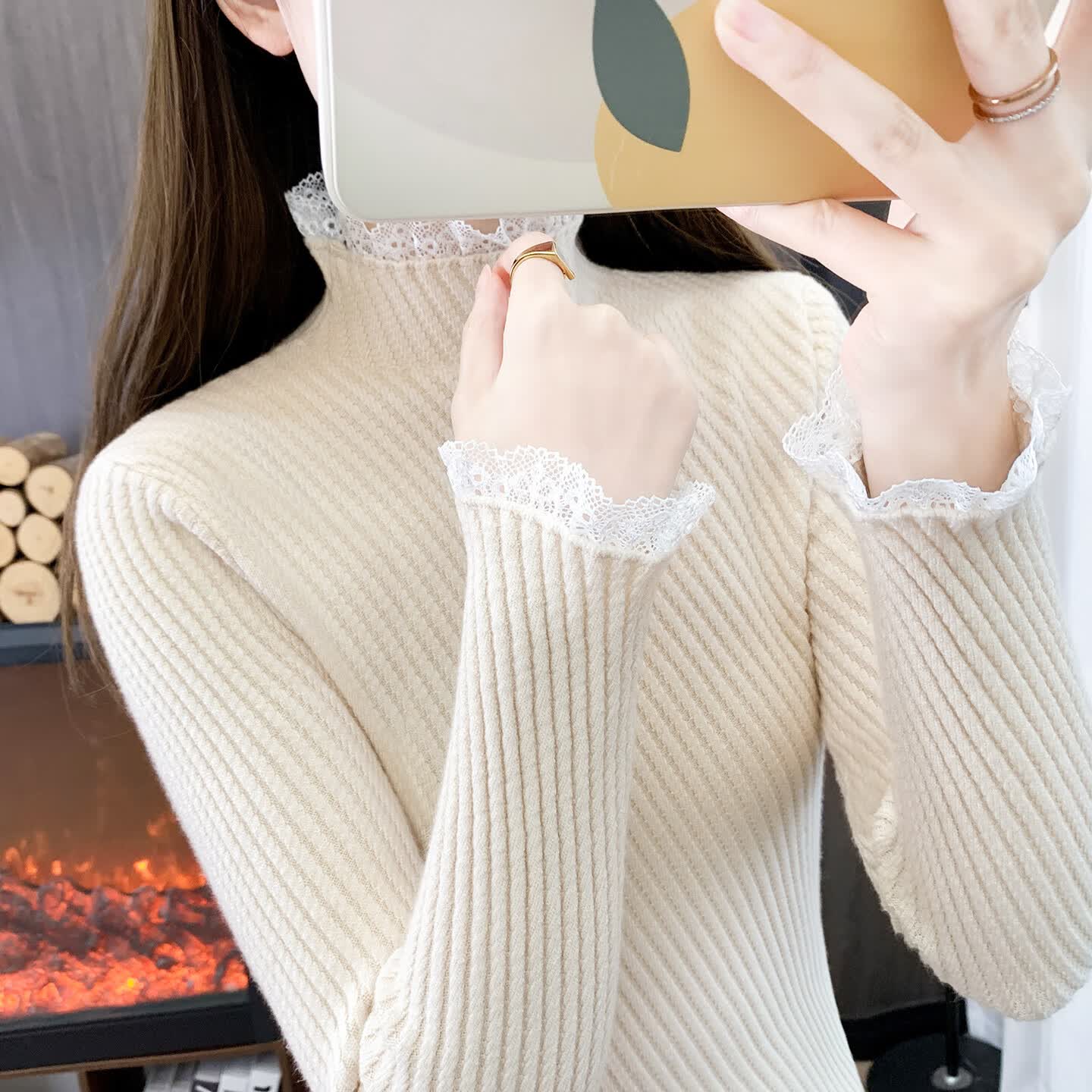 香影芬半高领蕾丝毛衣打底衫内搭女款2025新款穿搭上衣秋冬季白色针织衫 紫色 S (建议95斤以内) 