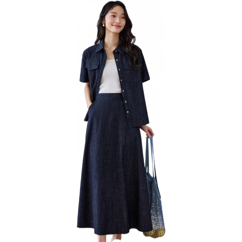 梵希蔓牛仔套裝裙女2025年夏季新款通勤襯衫外套a字半身裙兩件套 M9635 牛仔藍(lán) S