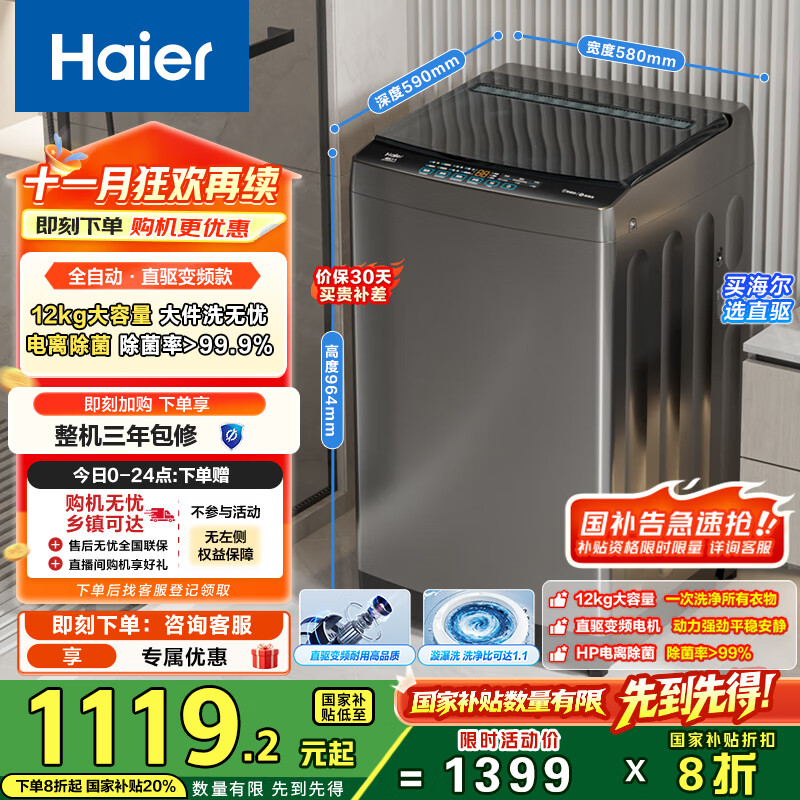 海尔（Haier）波轮洗衣机全自动12KG大容量京东自营家电国家补贴以旧换新直驱变频一级能效出租房EB120B53Mate1