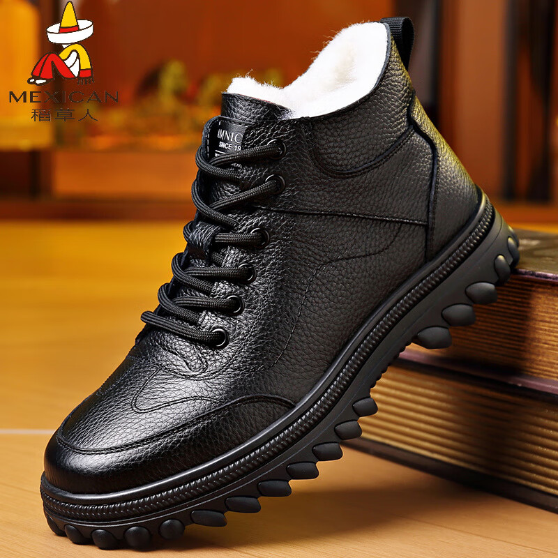 稻草人（MEXICAN）冬季加绒雪地靴男士真皮头层牛皮加厚羊毛保暖棉鞋皮毛一体高帮靴 251020黑色 39