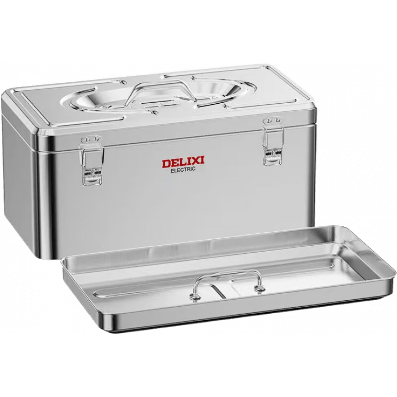 德力西工具箱不锈钢材耐磨耐用工业级五金收纳盒车载家用多功能铁皮箱子 中号/双层加厚不锈钢工具箱