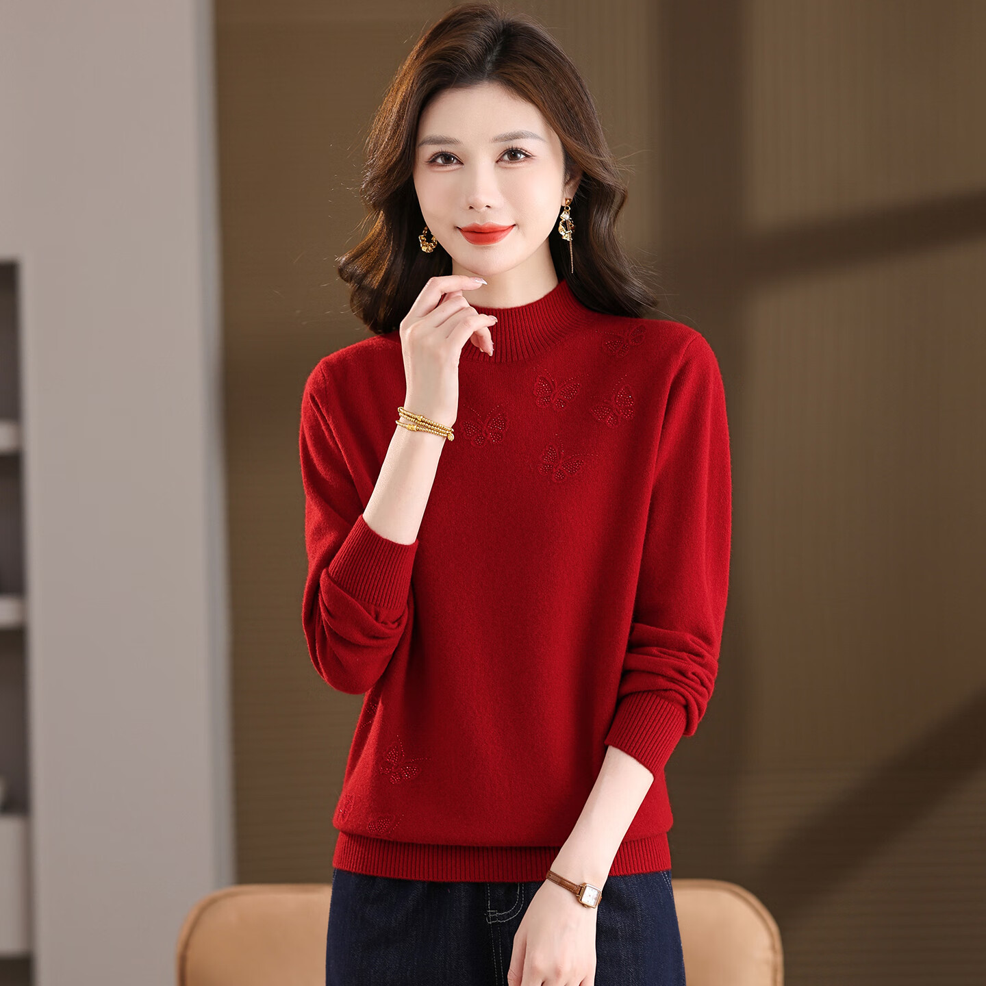 珍貝純羊絨衫半高領(lǐng)羊毛衫女秋冬季新款保暖寬松內(nèi)搭軟糯針織羊絨毛衣 紅色 M